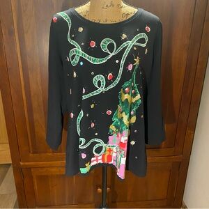 Ruby Rd Woman Embellished Christmas Tree Top Blouse 3/4 Sleeve Scoop Neck SZ 1X